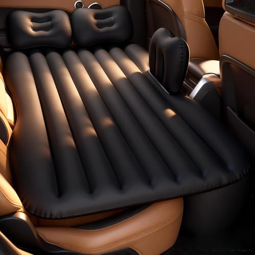 Thickened Inflatable Car Bed Air Mattress with Safety Side Wedge/Built-in Air Pump & 2 Pillows/Back Seat Camping Sleeping Pad for SUVs and Sedans/Portable Foldable Airbed for Travel/Black