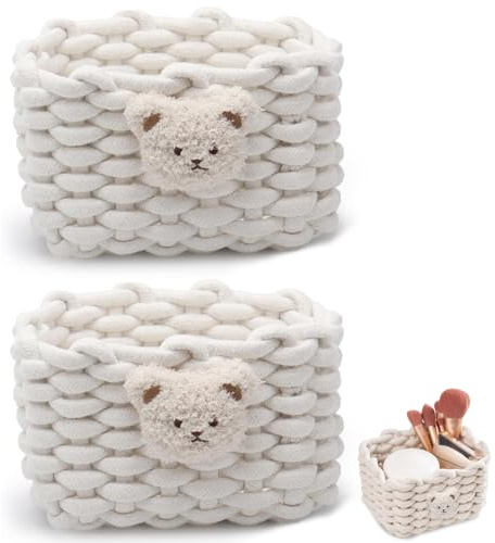 CHUANFU 2 Pièces Paniers de Rangement en Corde de Coton, Panier de Rangement à Langer Empilables, Petit Panier Tressé Carré Organisateur Bébé, pour Chambre de Bébé Bain Salon, Blanc