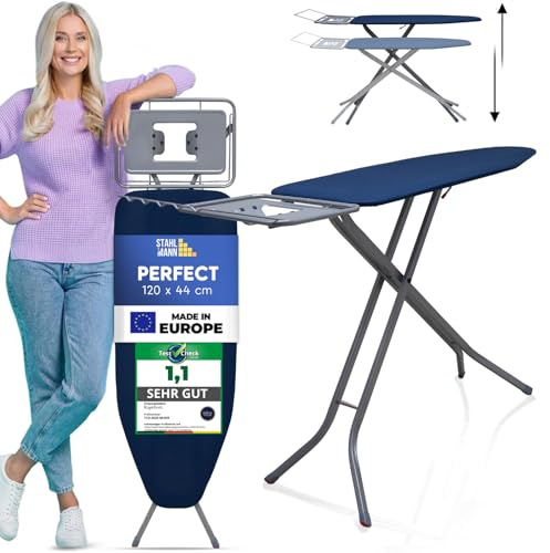 STAHLMANN ® großes Bügelbrett [120x44 Bügelfläche] mit Kleidungsplatte – robuster Bügeltisch – extra stabiles Bügelbrett [Made IN Europe] – Tischbügelbrett