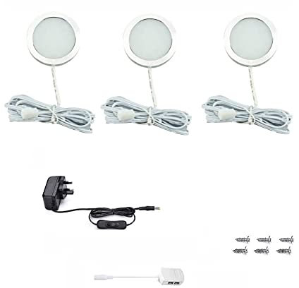 Vlio Under Cabinet Light Kit, Set of 3, LED Puck Lights, 7.5W, 750LM, Cool White, Display Cabinet Lighting, Disc Light for Kitchen, Closet, Counter, Cupboard, Shelf, Wardrobe and More