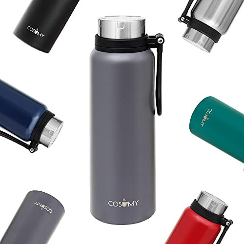 Cosumy Bouteille Isotherme de 1l avec Filtre - Acier Inox à Double Paroi - Anti-goutte - Convient pour les Boissons Gazeuses - Gris