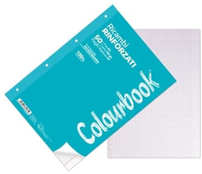 Colourbook 50 Fogli Ricambi Forati per Raccoglitori ad Anelli A4 a Quadretti 4mm, Carta Extra-White 90g, con Banda Trasparente Anti-Strappo Rinforzata, Uso Scuola e Ufficio