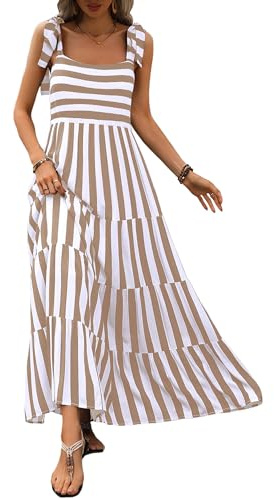PRETTYGARDEN Womens Dresses 2025 Summer Striped Sleeveless Maxi Dress Casual Spaghetti Strap Tiered Flowy Beach Long Dress(Striped Khaki,Large)