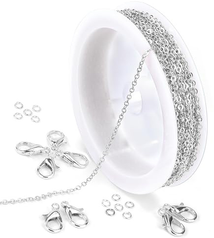 Niboken Smyckestillverkning kedja 5 meter 2 mm rostfritt stål pläterad halskedja kabel länkkedja metallkedja gör-det-själv-kedja med 30 hoppringar och 10 karbinhakar för smyckestillbehör (silver)