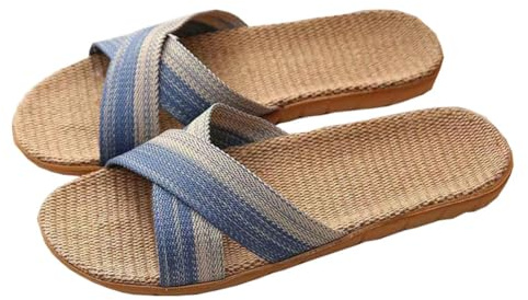 AHDMR Hommes Femmes Chaussons d'été en Lin Respirant Sandales d'Intérieur Antidérapantes Charentaises Mules à Bout Ouvert Tongs Plats Couples à Semelle de Lin Évacuant l'Humidité pour Maison Bureau