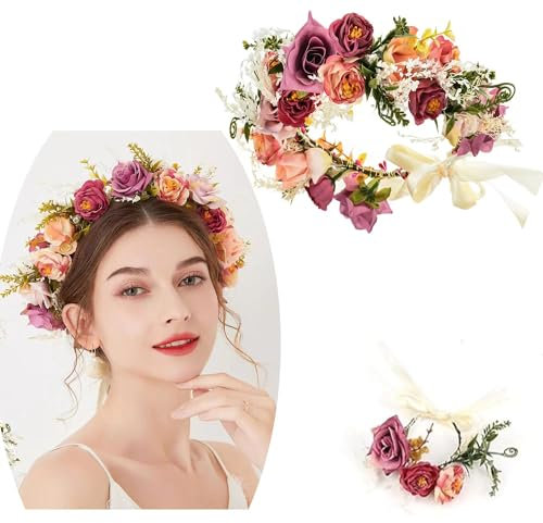 Blumenkranz Haare,Künstliche Blumen Krone,Haar Garland,Blumenkranz Blume Krone Stirnband,Blumen Kranz Stirnband,Einstellbar, Haarreif Blumen für Frauen Hochzeit Party (A)