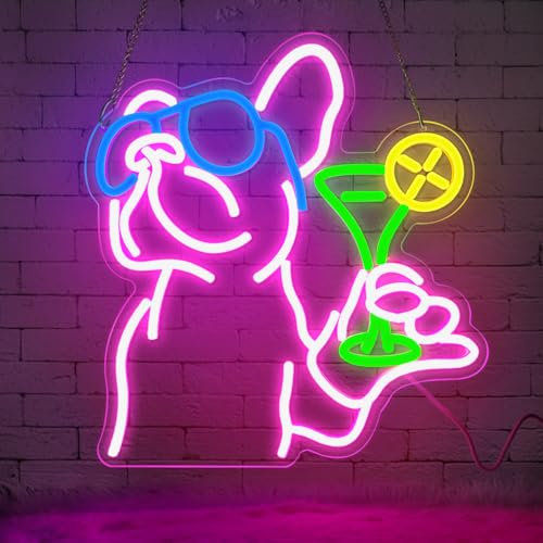 Lxmoneon Neon Schild Bulldogge mit Cocktail,Bar Schild LED Wanddeko,Hund Neonlicht,USB Französische Bulldogge Leuchtschild für Bar Club Wohnzimmer Partyraum Gaming Zimmer,Geschenk für Männer