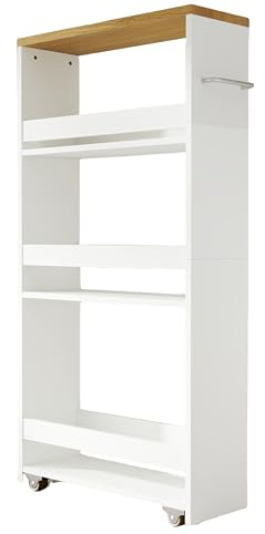 Xisilla Carrito Auxiliar con Ruedas de 4 Niveles, Estante de Cocina Delgado con Asa, 40 x 80 x 14 cm, Pequeños Espacios, Baño, Lavandería, Blanco y Madera Natural