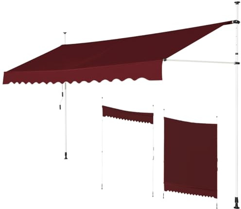 GOPLUS Klämmarkis balkong, terrassmarkis balkongmarkis solskydd utan borrning, UV-resistent höjdjusterbar, solmarkis med handvev, metall och Oxford, infällbar (300 cm, vinröd)