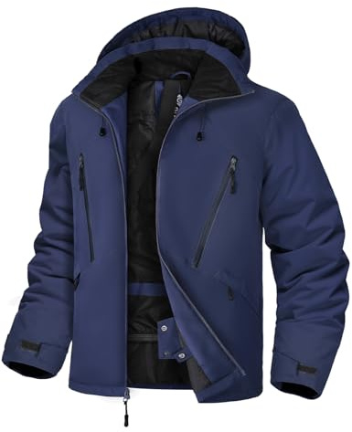 GEMYSE Chaqueta de Esquí para Hombre Abrigo de Invierno Impermeable y Cortaviento con Capucha y Múltiples Bolsillos Cálido para Snowboard Montaña(Índigo,L)