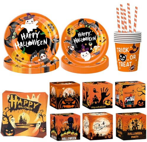 Halloween Party Tableware Set Hallo-Ween Party Supplies Ghost Pumpkin Tableware Kit Including 32 Paper Plates 16Napkins 16Cups 6Candy Packaging Box Interesting Halloween Party Decorations Supplies