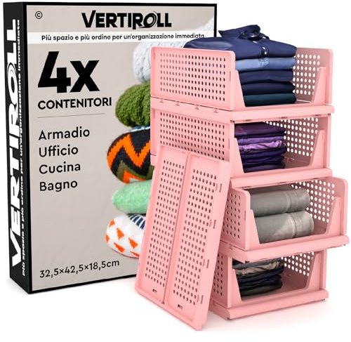 4 Cassetti Impilabili Scorrevoli Organizer Armadio VertiRoll - Contenitori Salvaspazio Portaoggetti in Plastica Colore Rosa Casa Cucina Bagno Ufficio Facili da Montare - Cassetti da 32,5x42,5x18,5cm