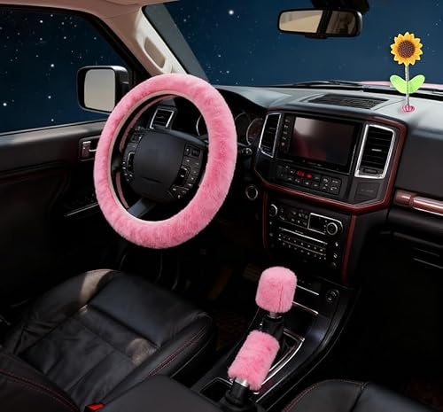 LOLANIUT 3 Pcs Coprivolante Auto Peloso, Coprivolante Invernale Universale 35–39 cm con Copri Freno a Mano e Copri Cambio, Antiscivolo Morbido Caldo, Accessori Interni per Auto Rosa