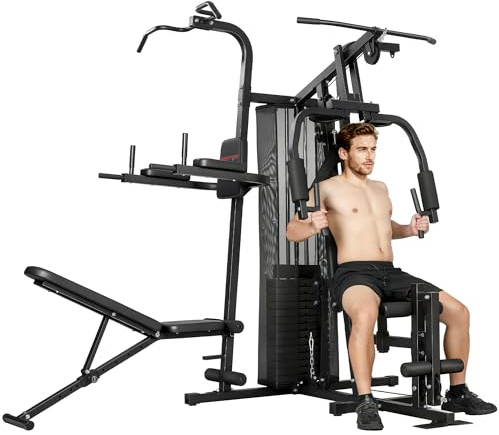 SPORTNOW Kraftstation Fitnessstation mit Latzug Butterflystange 69kg Gewichten, Seil, verstellbar Bank, Multifunktion Multistation bis zu 120kg belastbar Fitnessgerät Trainingsstation für Zuhause