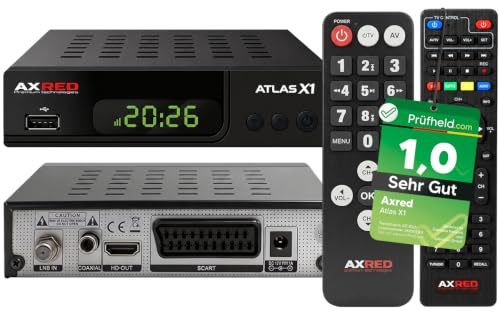 AXRED Atlas X1 + mando a distancia para personas mayores, receptor de satélite HD con función de grabación, Full HDTV, receptor de satélite digital para antena parabólica, satélite, TV TV