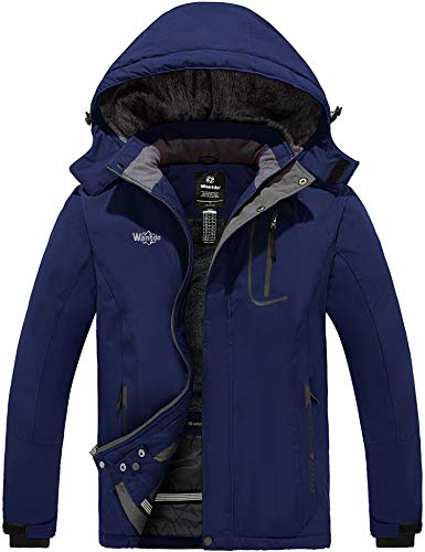 Wantdo Homme Blouson de Ski Hiver Imperméable Veste Isolant Chaude Veste de Sport Voyage avec Capuche Amovible Veste de Snowboard Parka Montagne Bleu Marine S