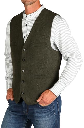 Celtic Ranch Men’s Irish Wool Blend Tweed Vest, Herringbone, Olive, L