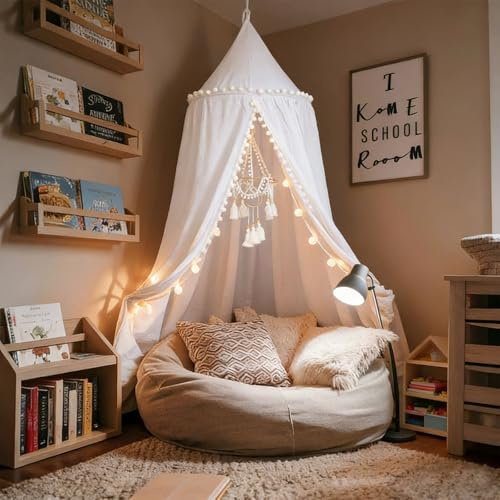 LOAOL Bed Canopy with Pom Pom Cotton Canopy for Kids Crib Baby Girl Netting Cover Canopy Crib Curtain Reading Nook Hanging Tent Nursery Play Game Castle Room Decoration (White)