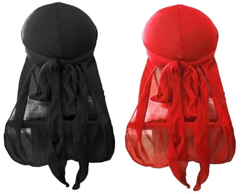 Cabeza de Ondas Bandanas Anchas de Larga Turbante de Pelo Pirata Ancho Correas Hombres Mujeres Transpirable Durag Sombrero Turbante Bandana Durag Cabeza Tocado de Baile Hip Hop 2 Piezas, Negro y Rojo