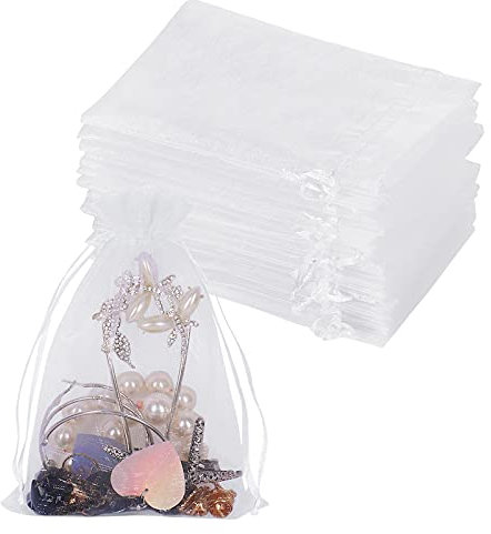 YQL 100 Stück Organzasäckchen 10X15cm Klein, Weiß Schmuckbeutel mit Kordelzug, Gaze Säckchen für Schmuck Süßigkeiten Seifen, Organza Säckchen für Hochzeit Weihnachtsfest Party Baby Shower Valentinstag