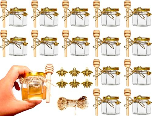 Ahhute Petits Pots, Mini pots à miel, Petites boites avec cuillères et petites abeilles, Confitures pot pour baptême, aux invités mariage, Petits cadeaux, Lot de 15 pots 60ml