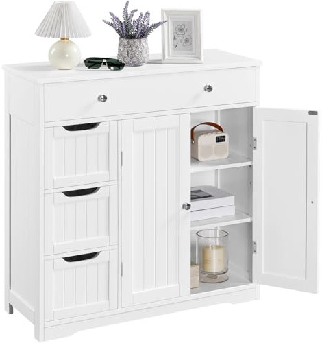 Yaheetech Meuble Rangement Salle de Bain, 4 Tiroirs 1 Placard avec 1 Plateau Réglable, 81 cm × 30 cm × 81,5 cm, Armoire Rangement Salon Entrée Cuisine Blanc