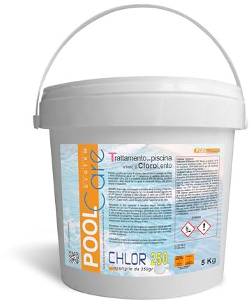POOL CARE Chlor 250, Cloro in Pastiglie da 250 gr, Tricloro 90/250 Attivo al 90%, Igienizzante a Lenta Dissoluzione, per Piscina - 5 KG