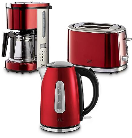 KHG Frühstücksset Wasserkocher, Toaster & Kaffeemaschine in Rot, Edelstahl Metallic Chrom, 1,7l Kapazität, 2 Toast Scheiben & 12 Tassen Kaffee, Kontrollleuchten, Wasserstandsanzeigen, Permanentfilter