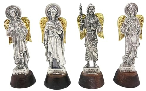 Kit 004 Stock Lotto 4 figuras plateadas con base madera ángel arcángel Michael Gabriele Raffaele Uriel con alas doradas