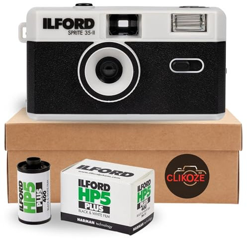 35mm Film Camera Bundle with Ilford Sprite HP5 Analogue Film Camera, Ilford 35mm Film in Black and White 36 EXP Film and Clikoze Film Photography Tips Card (Black & Silver)