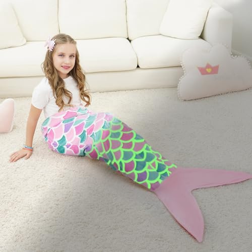 WERNNSAI Mermaid Tail Blanket Glow in the Dark Blanket for Birthday Gift | 140x60cm,Soft Flannel Scale,Birthday Gift,All Seasons,Christmas,Luminous,camping,reading,sofa,Machine washable,Portable