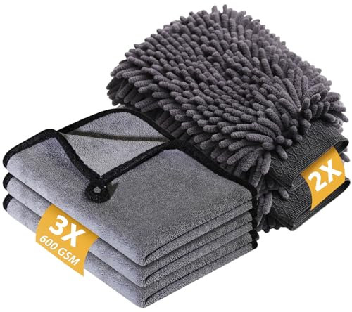 KEYAYE Autopflege Set mit 3 Stück Mikrofasertücher Auto & 2er Mikrofaser Waschhandschuh, 600 GSM Auto Trockentuch zum Kratzfreien Trocknen & Polieren, Extra Saugstark und Schonend Weich, 40x30cm