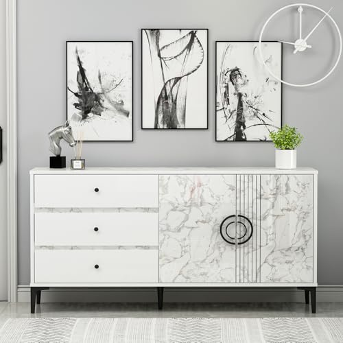 Homidea ZOE Console - Comò - Credenza - Tavola TV - con 2 ante e 3 cassetti dal design moderno 150 x 78,6 x 40 cm (marmo bianco)