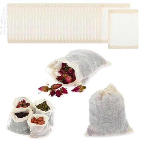 Nogeqi Lot de 30 sachets de thé réutilisables pour thé en vrac, sachets de thé jetables pour feuilles de thé en vrac, sacs à épices pour la cuisine avec cordon de serrage pour filtrer les sacs à