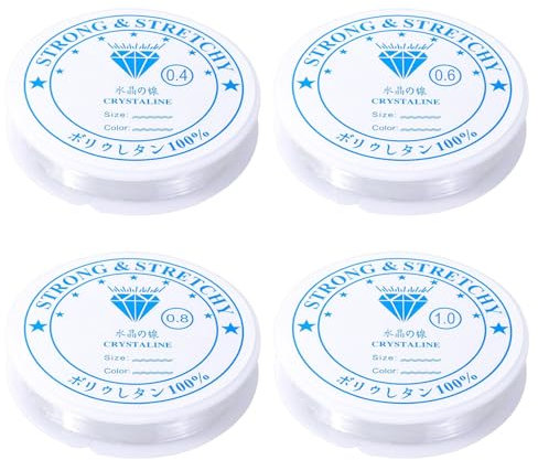 YPYMOD 4 Rollen Elastische Schmuckfaden, Gummiband für Armbänder, 0.4mm (15M) 0.6mm (12M) 0.8mm (8M) 1.0mm (5M), Schmuckdraht Elastisches Reißfestes Band mit Perlenstiften