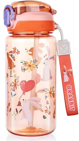 flintronic Vattenflaska för barn med sugrör, läckagesäker, återanvändbar BPA-fri vattenflaska i Tritan med handtag för pojkar, flickor och förskolebarn, 600 ml (orange)