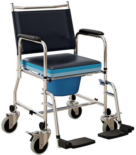 HOMCOM Rolling Shower Chair with Wheels, Bedside Commode Wheelchair with Padded Seat, Backrest, for Seniors, Adults, Injured or Disabled, Black