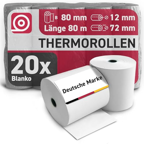 Gebongt24 Thermorollen (80mm × 80m × 12mm) – hochwertige Bonrollen aus BPA-freiem Thermopapier – 20 Kassenrollen 72mm – für Epson TM-M30III, TM-T88V & weitere Kassenbondrucker & Kassensysteme