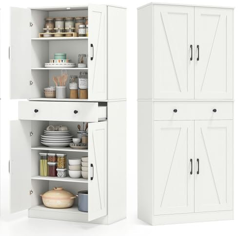 KOMFOTEU 183 cm Küchenschrank mit Doppeltür, 1 Schublade, 3 verstellbaren Einlegeböden, Buffetschrank Hochschrank mit Kippschutz, Vorratsschrank 77 x 39 x 183 cm, Weiß