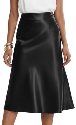 Rooscier Women's Silky Satin High Waist A Line Flared Zipper Elegant Midi Skirt Plain Black Small