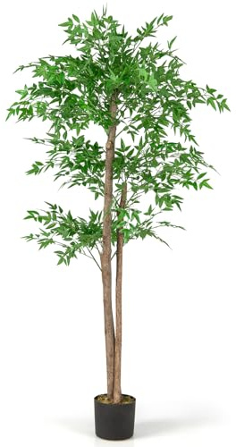 COSTWAY Konstgjord planta bambu, 150 cm konstträd med kruka, stammar och blad, konstgjord växt för hemmakontor, bambuträd bambu, dekorativt träd, krukväxt dekoration, grön
