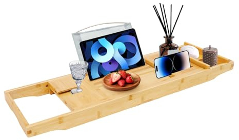 Bandeja de bambú para bañera, extensible, multifunción, con soporte para vino, decoración y relajación, 75-110 cm, madera natural