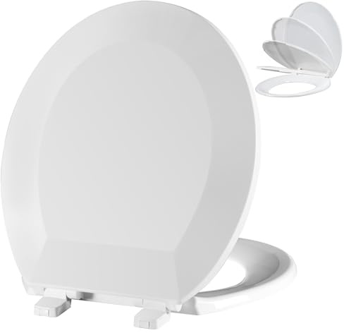 Angol Shiold Round Toilet Seat - Slow Close Hinges, Ergonomic Design with Grip-Tight Bumpers, Safe Easy-Clean PP Material (White, 16.5 Round)