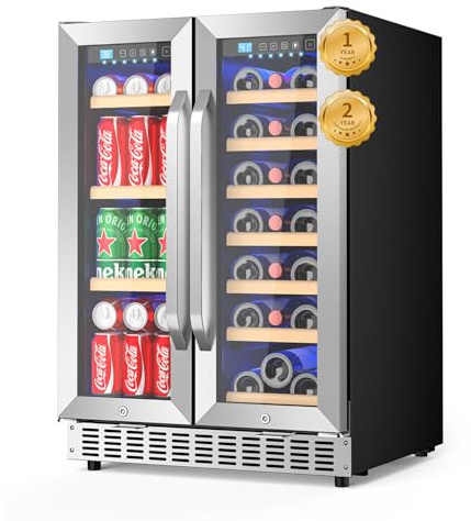 EORICE Wine and Beverage Refrigerator with Glass Door, 24-Inch Dual Zone Wine Fridge Under Counter - 21 Bottle and 60 Can Large Capacity Led Blue Light Smart Fast Cooling Wine Cooler Drink Fridge