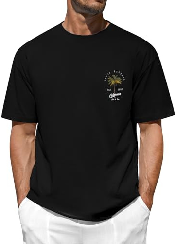Lonya T Shirt Homme Oversize Été Décontracté Coton T-Shirts à Manches Courtes Col Rond Coupe Ample Imprimé Palmier Plage Tee Shirt