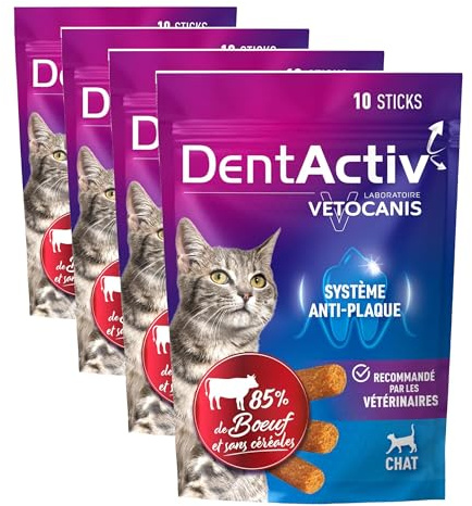 Vetocanis - Dentactiv - Stick Dentaire - Friandises pour Chat Gourmandes - Hygiène et Santé du Chat - Riche en Viande - 85% de Boeuf - Système Anti-Plaque (Lot de 4)