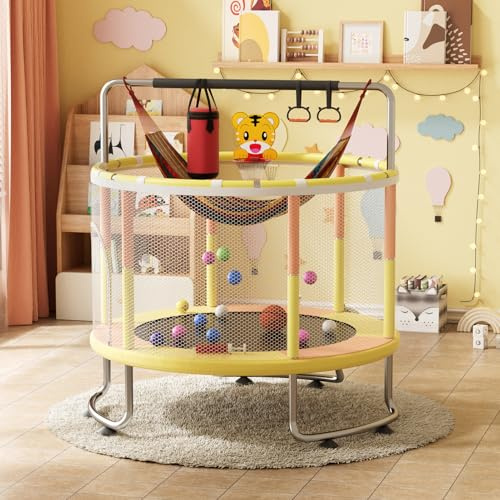 Trampoline Enfant 5FT avec Jeux Multiples, Mini Trampoline Intérieur et Extérieur, Balancoire, Panier de Basket, Sac de Sable et Balles pour Développement Motricité (Jaune)