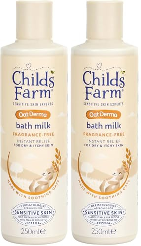 Childs Farm OatDerma Bath Milk, Fragrance Free, Soothing Hydration for Sensitive Skin, Emollient, Baby, Kids, 250ml (Pack of 2)
