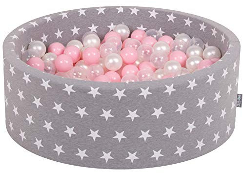 KiddyMoon 90X30cm/200 Palline ∅ 7CM Piscina Di Palline Colorate Per Bambini Tondo Fabbricato In EU, Grigio Stelle:Rosa Ch/Perla/Trasparente