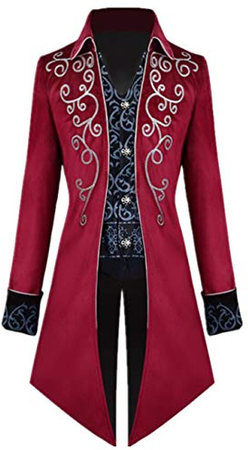 Crubelon Men's Steampunk Vintage Tailcoat Jacket Gothic Victorian Frock Coat Uniform Halloween Costume - Red - Medium